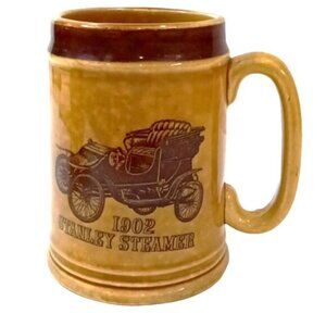 Vintage Pair of Ceramic Beer Mugs Tan & Brown Collectable Old Cars Made in Japan